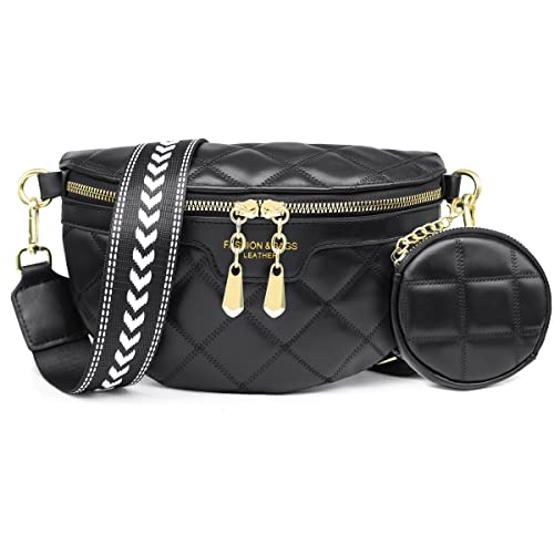 HNOOM Crossbody Bag Damen Breiter Gurt Bauchtasche Leder Brusttasche mit Münze Geldbeutel, Moderne Taschen mit Breitem Schultergurt, Umhängetasche Klein Handytasche (A-Schwarz) von HNOOM