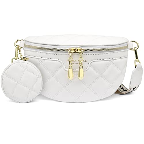 HNOOM Crossbody Bag Damen Breiter Gurt Bauchtasche Damen Leder Brusttasche mit Münze Geldbeutel, Moderne Taschen mit Breitem Schultergurt, Umhängetasche Damen Klein Handytasche (A-Weiß) von HNOOM