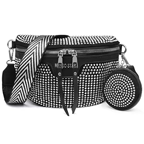 HNOOM Glitzer Umhängetasche Damen mit Strasssteinen – Elegante Bauchtasche & Crossbody Bag für Abend, Party, Hochzeit – Atmosphärische Damenhandtasche mit Verstellbarem Kette (B-Silber) von HNOOM