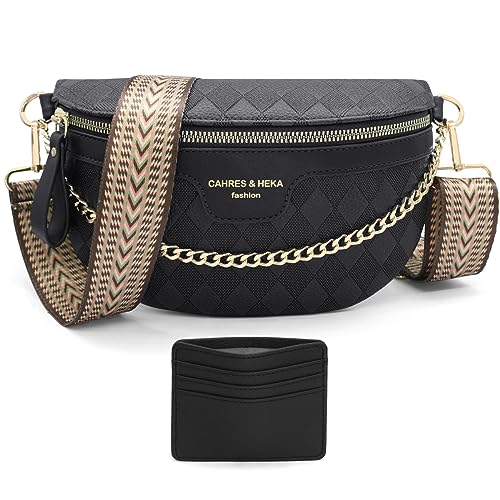 HNOOM Crossbody Bag Damen Breiter Gurt Bauchtasche Damen Leder Brusttasche mit Münze Geldbeutel, Moderne Taschen mit Breitem Schultergurt, Umhängetasche Damen Klein Handytasche (C-Schwarz) von HNOOM