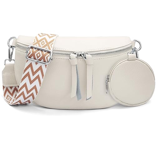 HNOOM Crossbody Bag Damen Breiter Gurt Echtleder Bauchtasche Damen Stylisch Brusttasche mit Münze Geldbeutel, Umhängetasche Damen Klein Moderne Taschen mit Breitem Schultergurt (Beige) von HNOOM