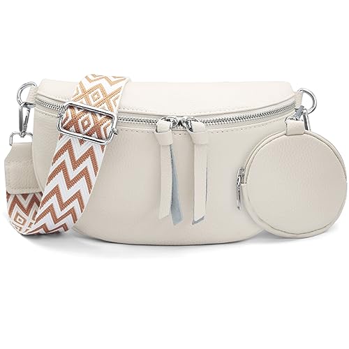 HNOOM Kleine Damen Umhängetasche aus Echtleder – Elegante Bauchtasche & Crossbody Bag mit Münzfach – Verstellbarer Breiter Gurt, RFID-Schutz – Stylische Gürteltasche für Alltag und Reisen (Beige) von HNOOM
