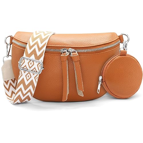 HNOOM Kleine Damen Umhängetasche aus Echtleder – Elegante Bauchtasche & Crossbody Bag mit Münzfach – Verstellbarer Breiter Gurt, RFID-Schutz – Stylische Gürteltasche für Alltag und Reisen (Braun) von HNOOM