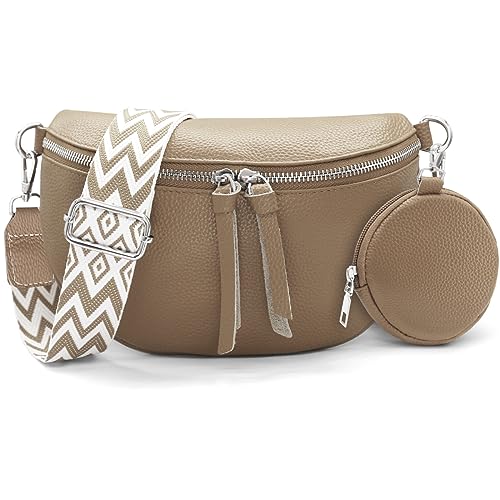 HNOOM Kleine Damen Umhängetasche aus Echtleder – Elegante Bauchtasche & Crossbody Bag mit Münzfach – Verstellbarer Breiter Gurt, RFID-Schutz – Stylische Gürteltasche für Alltag und Reisen (Khaki) von HNOOM