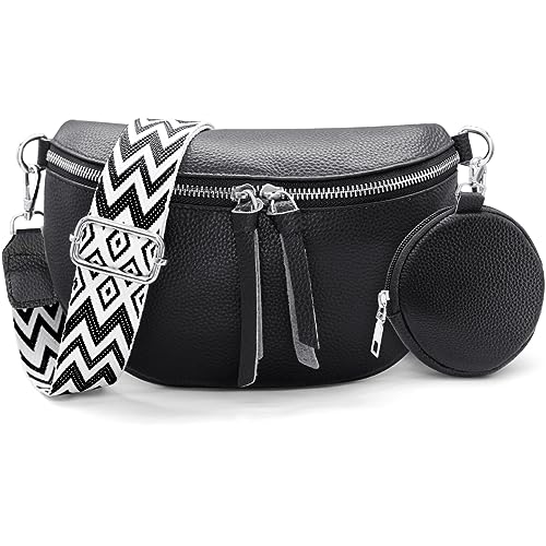 HNOOM Crossbody Bag Damen Breiter Gurt Echtleder Bauchtasche Damen Stylisch Brusttasche mit Münze Geldbeutel, Umhängetasche Damen Klein Moderne Taschen mit Breitem Schultergurt (Schwarz) von HNOOM