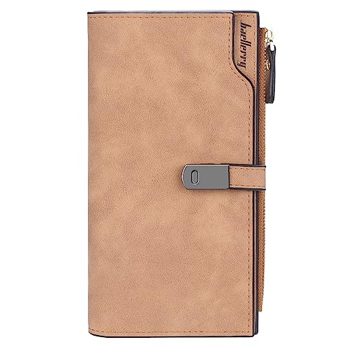 HMOOM Geldbörse Damen Leder Vintage Style – Langer Geldbeutel Damen mit RFID-Blockierung, 24 Kartenfächern & Organizer Fach | Hochwertiges PU Portemonnaie Frauen (Braun-L) von HNOOM