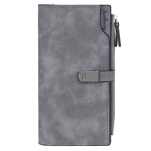 HMOOM Geldbörse Damen PU Leder Vintage Style – Langer Geldbeutel Damen mit RFID-Blockierung, 24 Kartenfächern & Organizer Fach | Hochwertiges PU Portemonnaie Frauen (Dunkelgrau-L) von HNOOM