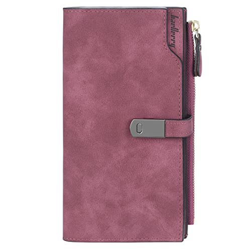 HMOOM Geldbörse Damen Leder Vintage Style – Langer Geldbeutel Damen mit RFID-Blockierung, 24 Kartenfächern & Organizer Fach | Hochwertiges PU Portemonnaie Frauen (Lila-L) von HNOOM