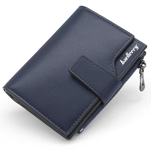 HNOOM Hochwertige PU Leder Geldbörse - Langlebiger Geldbeutel im Kurzformat mit 15 Kartenfächern & 1 Reißverschlussfach - Schlankes Brieftasche für Damen und Herren (Dunkelblau-X) von HNOOM