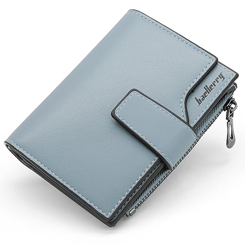 HNOOM Süße Mini Portemonnaie Damen – Stylische PU Leder Geldbörse Klein mit 15 Kartenhaltern, 1 Reißverschluss Münzabteil & Leichtem Design – Ideal für Reise, Beruf oder als Geschenk (Hellblau-X) von HNOOM