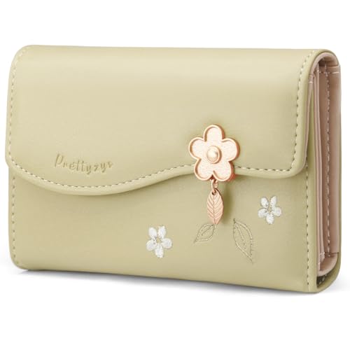 HNOOM Geldbeutel Damen aus Glattem und Weichem PU Leder, Klein und im Kurzformat, mit Reißverschluss, Druckknopf und Vielen Fächern (M-Grün) von HNOOM