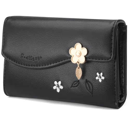 HNOOM Geldbörse Damen Klein – Elegantes Mini Portemonnaie aus PU Leder mit 8 Kartenfächern, Münzfach & RFID Schutz | Kurzformat Geldbeutel Damen Weich & Leicht für Kreditkarten, Bargeld (M-Schwarz) von HNOOM