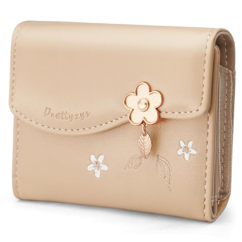 HNOOM Damen Geldbeutel, Klein und im Kurzformat Portemonnaie Damen, PU Leder Portemonnaie Kleine Brieftasche Geldbörse für Frauen mit Druckknopf Reißverschluss und viele Fächer (S-Aprikose) von HNOOM