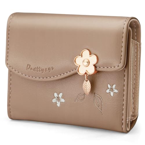 HNOOM Damen Geldbeutel, Klein und im Kurzformat Portemonnaie Damen, PU Leder Portemonnaie Kleine Brieftasche Geldbörse für Frauen mit Druckknopf Reißverschluss und viele Fächer (S-Braun) von HNOOM