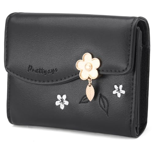 HNOOM Damen Geldbeutel, Klein und im Kurzformat Portemonnaie Damen, PU Leder Portemonnaie Kleine Brieftasche Geldbörse für Frauen mit Druckknopf Reißverschluss und viele Fächer (S-Schwarz) von HNOOM