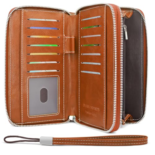 HNOOM Geldbörse Damen Groß – Portemonnaie Damen aus PU Leder mit 14 Kartenfächern, Münzfach & RFID-Schutz – Stylische Frauen Geldbeutel Groß mit Doppeltem Reißverschluss – Lang & Viel Platz (Braun) von HNOOM