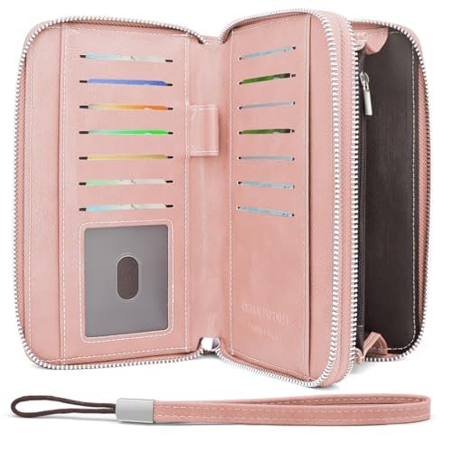HNOOM Geldbörse Damen Groß – Portemonnaie Damen aus PU Leder mit 14 Kartenfächern, Münzfach & RFID-Schutz – Stylische Frauen Geldbeutel Groß mit Doppeltem Reißverschluss – Lang & Viel Platz (Rosa) von HNOOM