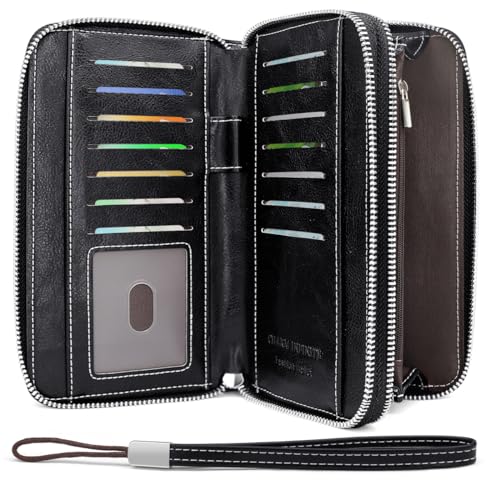HNOOM Geldbörse Damen Groß – Portemonnaie Damen aus PU Leder mit 14 Kartenfächern, Münzfach & RFID-Schutz – Stylische Frauen Geldbeutel Groß mit Doppeltem Reißverschluss – Lang & Viel Platz (Schwarz) von HNOOM