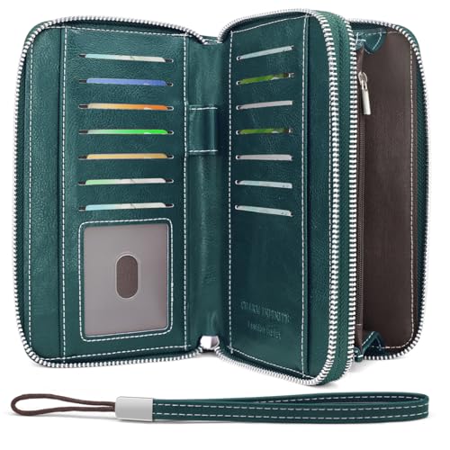 HNOOM Geldbörse Damen Groß – Portemonnaie Damen aus PU Leder mit 14 Kartenfächern, Münzfach & RFID-Schutz – Stylische Frauen Geldbeutel Groß mit Doppeltem Reißverschluss – Viel Platz (Dunkelblau) von HNOOM