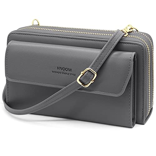 HNOOM Handy Umhängetasche Damen Handytasche zum Umhängen Handy Schultertasche Brieftasche Klein Crossbody Tasche Handy Geldbeutel Geldbörse mit Kartenfächer, Schultergurt (Grau) von HNOOM