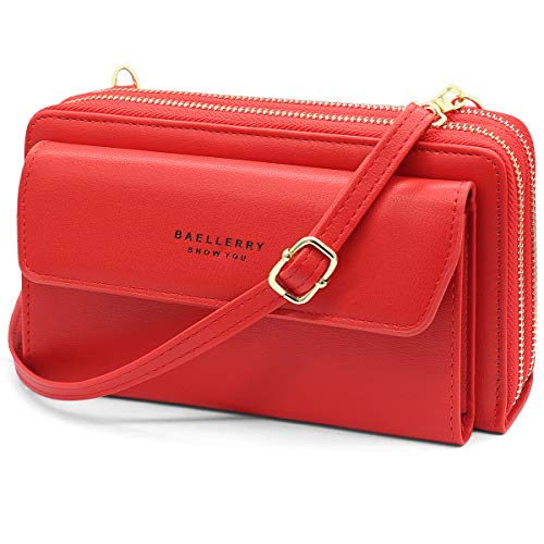 HNOOM Handy Umhängetasche Damen Handytasche zum Umhängen Handy Schultertasche Brieftasche Klein Crossbody Tasche Handy Geldbeutel Handytasche Geldbörse mit Kartenfächer, Schultergurt (Rot) von HNOOM