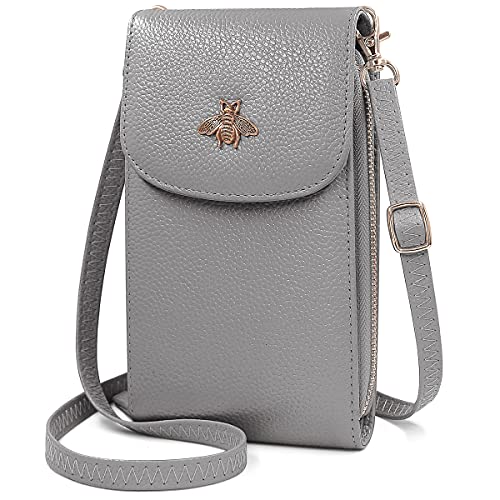 HNOOM Handytasche zum Umhängen Damen Handy Umhängetasche Echtes Leder Frauen Geldbeutel mit 7 Kartenfächer Crossbody Handytasche Schultertasche Brieftasche für Handy unter 6.5 Zoll (Grau) von HNOOM