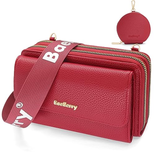 HNOOM Handytasche zum Umhängen Kleine Handy Umhängetasche Damen PU Leder Handytasche mit Geldbörse zum Umhängen Crossbody Schultertasche mit Kartenfächer, Verstellbarem Schultergurt (Weinrot) von HNOOM