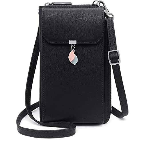 HNOOM Handytasche zum Umhängen RFID Schutz Geldbeutel Damen Umhängetasche Klein Crossbody Handytasche Geldbörse Handy Schultertasche Brieftasche mit 10 Kartenfächer Passt Handy unter 7" (Schwarz) von HNOOM