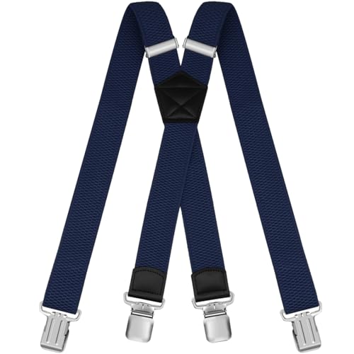 HNOOM Hosenträger für Herren 3,8 cm Breiter X-förmige Riemen, Länge 120m, mit sehr Starken 4 Metallclips, Einstellbar und Elastisch Einheitsgröße für Männer und Damen (Marineblau) von HNOOM