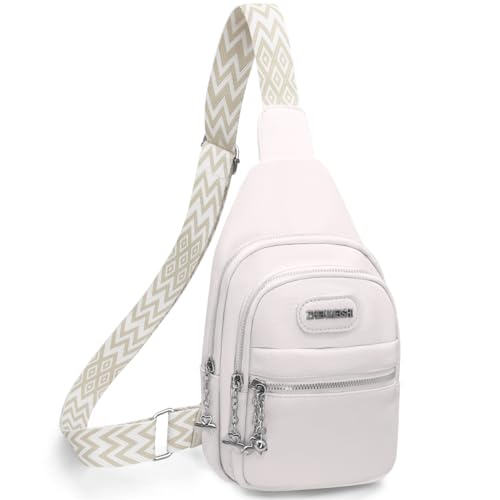 HNOOM Sling Bag Damen Klein Brusttasche PU Leder Crossbody Bag Stylisch Damen Schultertaschen Breiter Gurt Sling Rucksack für Outdoorsport, Reisen, Radfahren (Beige) von HNOOM