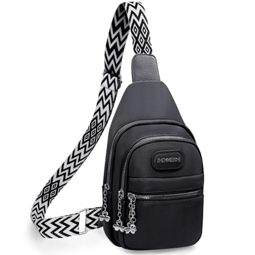 HNOOM Sling Bag Damen Klein Brusttasche PU Leder Crossbody Bag Stylisch Damen Schultertaschen Breiter Gurt Sling Rucksack für Outdoorsport, Reisen, Radfahren (Schwarz) von HNOOM