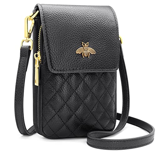 HNOOM Handytasche, Damen, Geldbörse aus echtem Leder, kleine Umhängetasche, Geldbörse, Geldbörse mit 8 Kartenfächern, Geldbörse für Telefon mit verstellbarem Schultergurt, A-Schwarz, Elegant von HNOOM