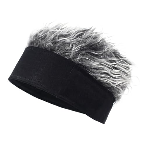 Hut Mit PerüCke Befestigt Herren Synthetische Perücke Beanie Mütze Kurze Haarkappen Melonenschädelkappen Spiked Fake Hair Hat Perücken Sport Stirnband Lustige Kopfbedeckung(Gray) von HNULGVI