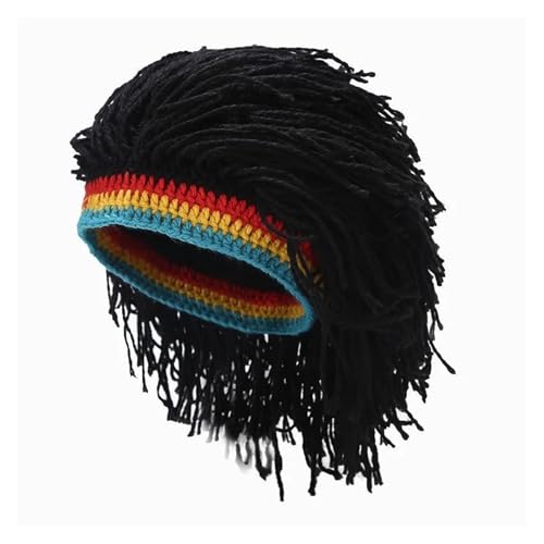 Hut Mit PerüCke Befestigt Männer Braid Synthetische Beanie Caps Winter Handgemachte Häkeln Hut Lustige Party Perücke(Black) von HNULGVI