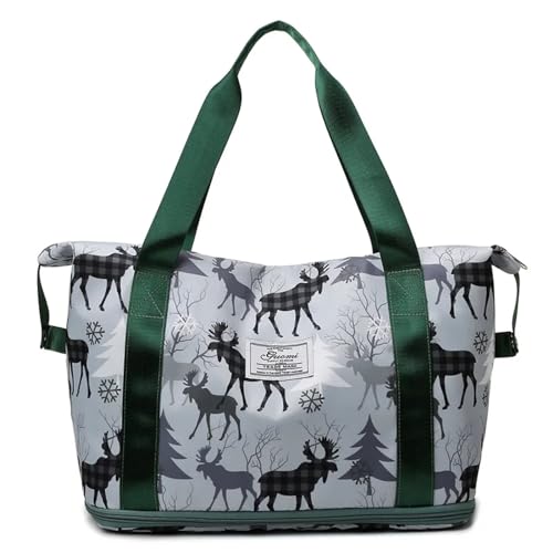Reisetasche Große Kapazität Druck Reisetasche Frauen wasserdichte Weibliche Gepäck Tote Handtasche Duffle Wochenende Tasche Sport Schulter Tasche(Elk Green) von HNULGVI