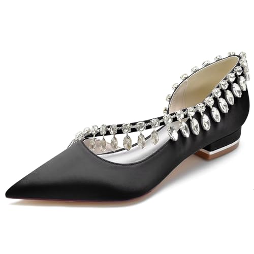 Damen Satin Brautschuhe Flache Schuhe mit Spitzer Zehe Bequeme Hochzeitsschuhe Formelles Abschlussball Party Kleid Pumps Sandalen mit Strass von HNVAVQ