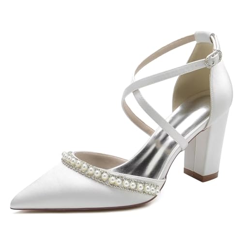 Damen Spitz zulaufende Brautschuhe Blockabsätze Satin Brautsandalen geschlossene Zehen Ball-Partykleid Pumps Damen Spitz zulaufende Brautschuhe Blockabsätze Satin Brautsandalen geschlossene Zehen Ball-Partykleid Pumps von HNVAVQ
