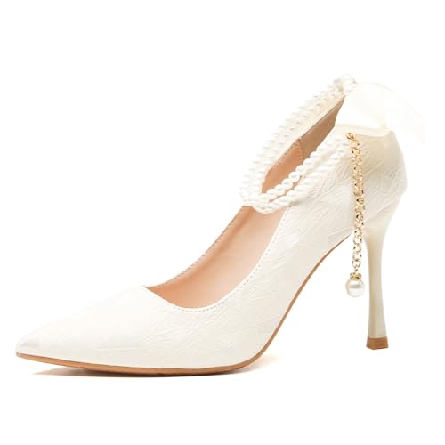 Frauen Hochzeit Schuhe für Braut Brautjungfer Stöckelschuhe Komfortable Spitze Zehe Frauen Brautschuhe mit Perlen Knöchelriemen Frauen Hochzeit Schuhe für Braut Brautjungfer Stöckelschuhe Komfortable Spitze Zehe Frauen Brautschuhe mit Perlen Knöchelriemen von HNVAVQ