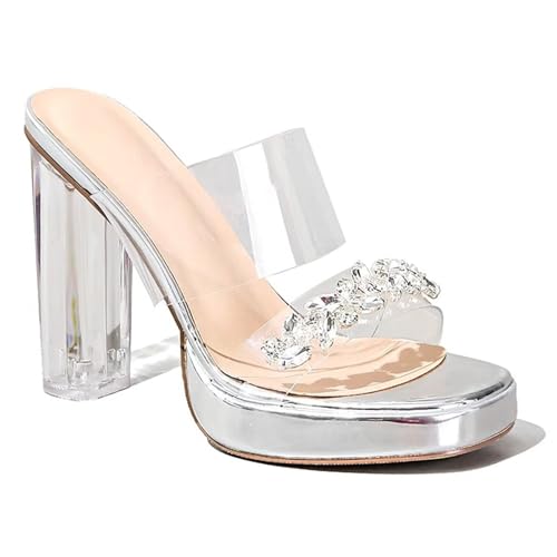 Women's Clear Wedding Shoes with Rhinestones Two Strap Open Toe High Block Chunky Slip on Dress Heels Sandals Women's Clear Wedding Shoes with Rhinestones Two Strap Open Toe High Block Chunky Slip on Dress Heels Sandals von HNVAVQ