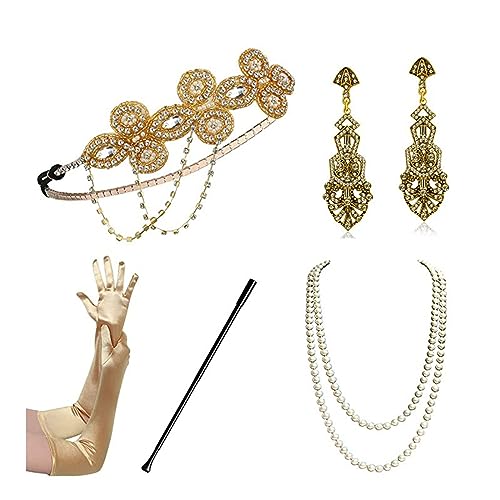 1920er Jahre Flapper Zubehör Gatsby Kostüm Zubehör-Set 20er Jahre Flapper Stirnband Perlen Halskette Ohrringe Handschuhe für Damen 1920er Jahre Gatsby Tolles Zubehör-Set für Damen Flapper Kopfschmuck von HNsdsvcd