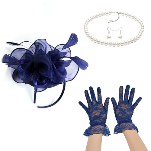 Fascinator-Set für Damen, elegante Perlen, Halskette, Ohrringe, Spitzenhandschuhe, 1920er-Jahre, vielseitige Kopfbedeckung, Vintage-Schleier-Stirnband von HNsdsvcd