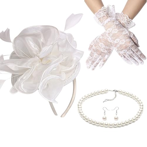 Fascinator-Set für Damen, elegante Perlen, Halskette, Ohrringe, Spitzenhandschuhe, 1920er-Jahre, vielseitige Kopfbedeckung, Vintage-Schleier-Stirnband von HNsdsvcd