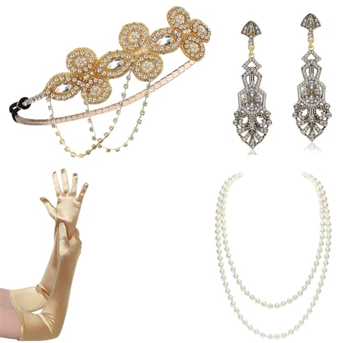 Female Flapper Kostüm GatsbyParty Stirnband Halskette Ohrringe Handschuhe 1920er Vintage Cosplay Party Kostüm Zubehör Set Vintage Zubehör Set Mädchen Kostüm Zubehör Partyzubehör von HNsdsvcd