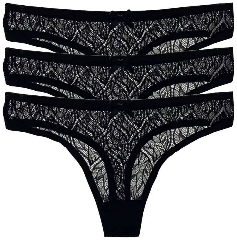 HO-Ersoka Stringtanga Damen Strings Spitze Set 3/6 Stück Tangas Slips schwarz/weiß (Packung, 3er Set, 6er Set) von HO-Ersoka