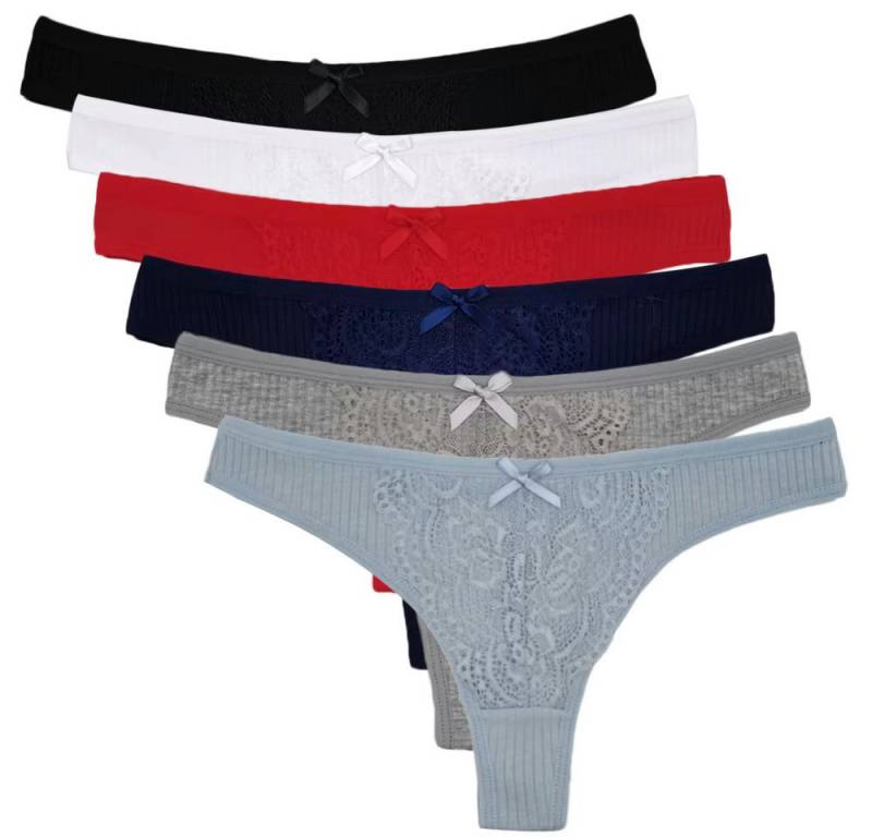 HO-Ersoka Stringtanga Damen Strings Spitze Baumwolle Set 6 Stück Tangas Slips mehrfarbig (6er-Set) aufgesetzte Spitze, Ripp-Strick-Look von HO-Ersoka