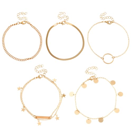 HOBBIESAY 10 Teile 5 Stile Verkettete Fußkettchen Set für Damen Schicker Sommer Strand Geschenk Stapelbare Zierliche Fußkettchen für Damen Hellgold 8.27-8.86 Zoll mit Verlängerung von HOBBIESAY