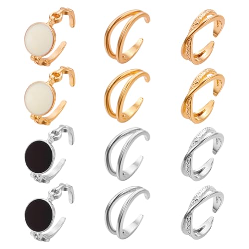 HOBBIESAY 12 Stück Stapelbarer Offener Ring Mit Steinen Metall Stapelring Sets Verstellbarer X Ring Damen Öffnungsringe Hellgold Und Platin Schmuck Für Damen Dekoration Oval Breit von HOBBIESAY