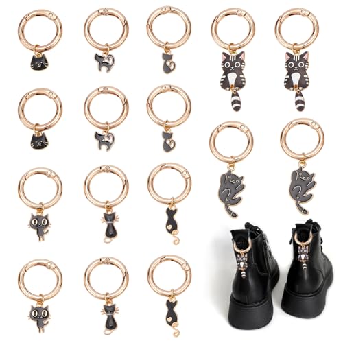 HOBBIESAY 16 Stück 8 Stile Katzen Emaille Schuh Charms 40-65mm Legierung Schuh Charms Stiefelschuh Charms Mit Legierung Federtor Ringen Schwarz Für Stiefeltasche Geldbörse Vintage Dekor von HOBBIESAY