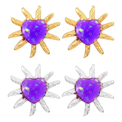 HOBBIESAY 2 Paar Ohrstecker Aus Edelstahl Sonnenohrringe Mit Lila Herz Strass Ohrstecker Für Frauen Schmuck Geschenkset 0.6x0.7(1) cm von HOBBIESAY