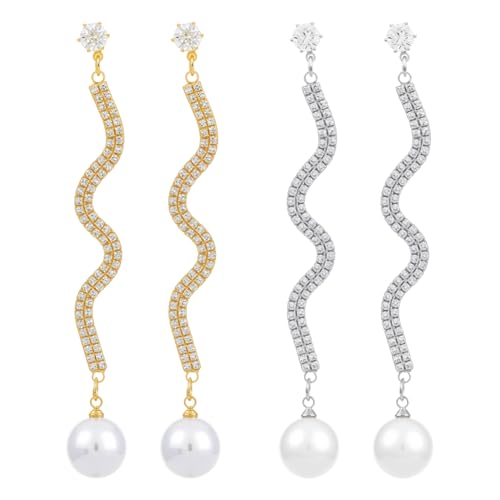 HOBBIESAY 2 Paare Rhinestone Lange Schlange Ohrringe Kristall Perlen Tropfen Ohrringe Kurven Stiftstecker Schmuck mit Perlen für Damen Täglich Fest Dekorationen 12 x 81mm von HOBBIESAY